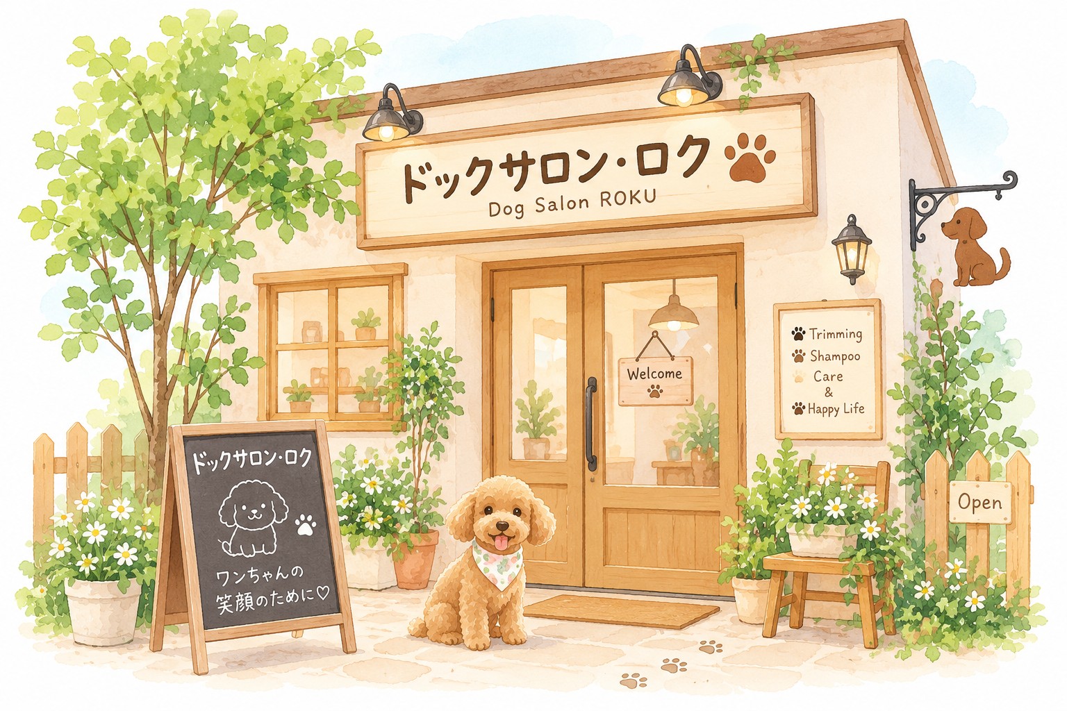 ドックサロン・ロクの外観イメージイラスト。木の看板と扉の前でトイプードルが待っている