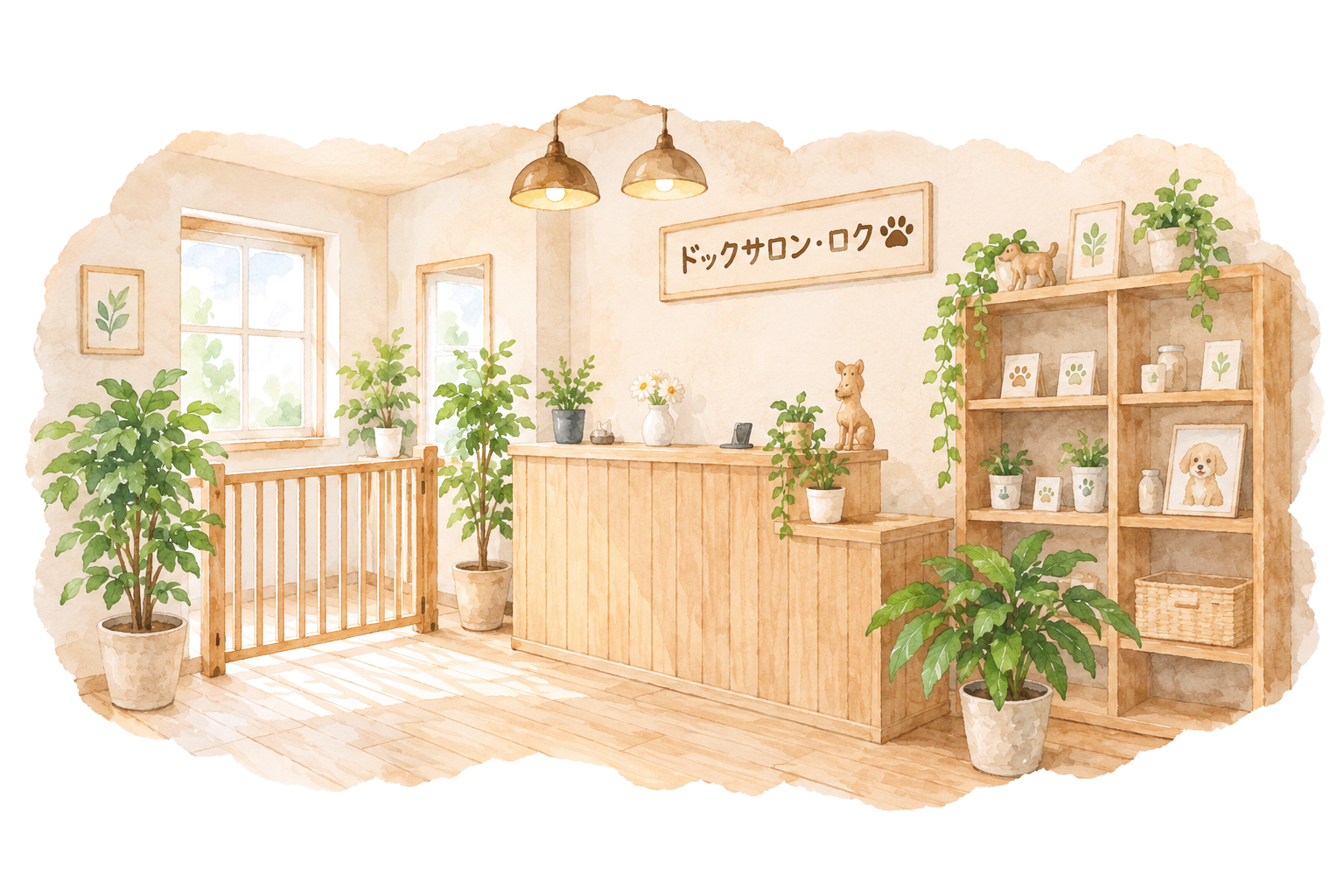 木のカウンターと植物に囲まれた、明るいサロン店内のイラスト